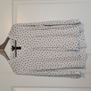 Olsen Europe Long & Pinned Sleeve V Neck Top White w Black Bird Pattern